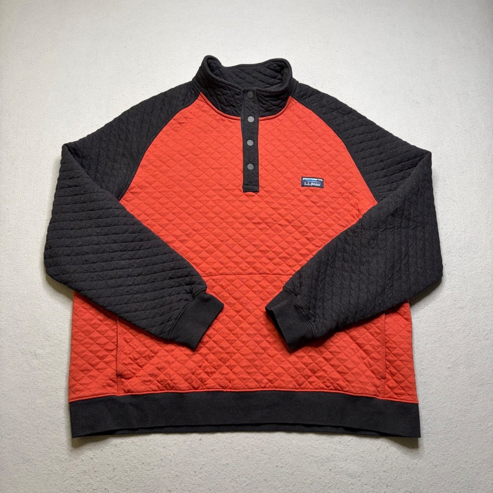 LL‎ Bean Quilted Pullover Mens XXL Red Charcoal Gray Snap Neck Sweatshirt P80